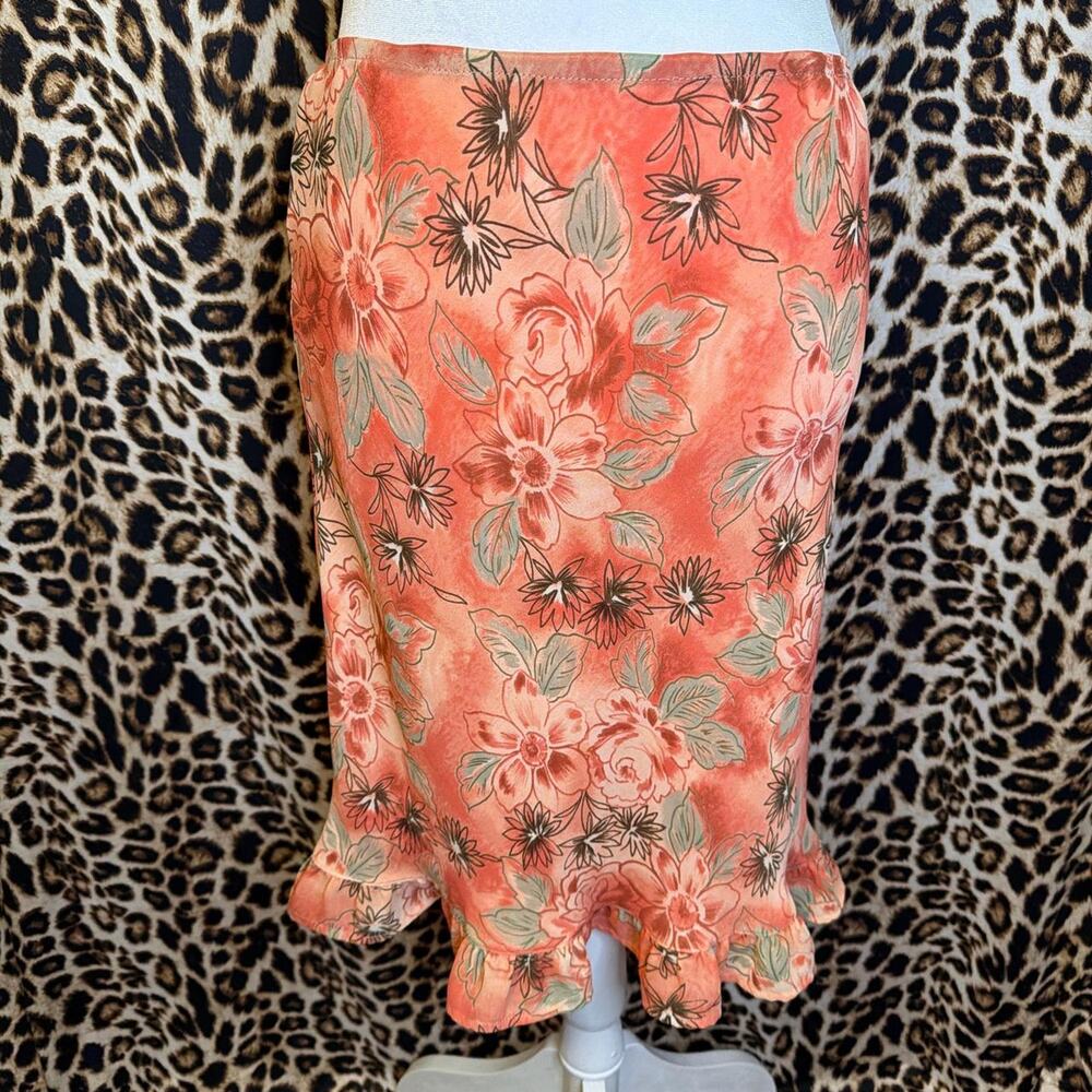 madison & max petite 12 Orange floral midi skirt with ruffle hem